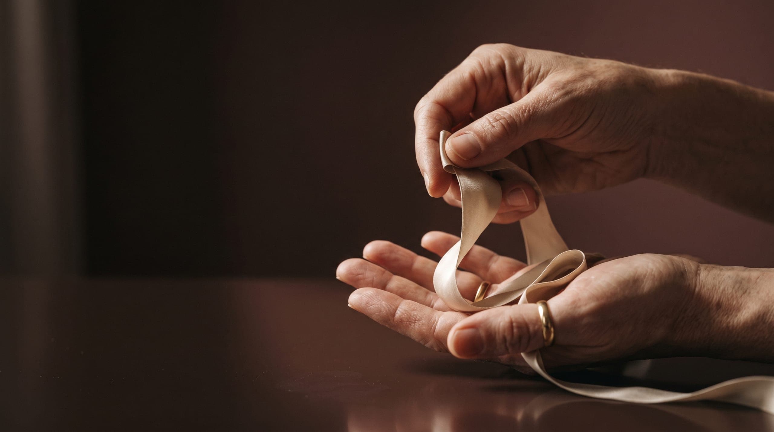 Two hands folding a length of pale satin ribbon