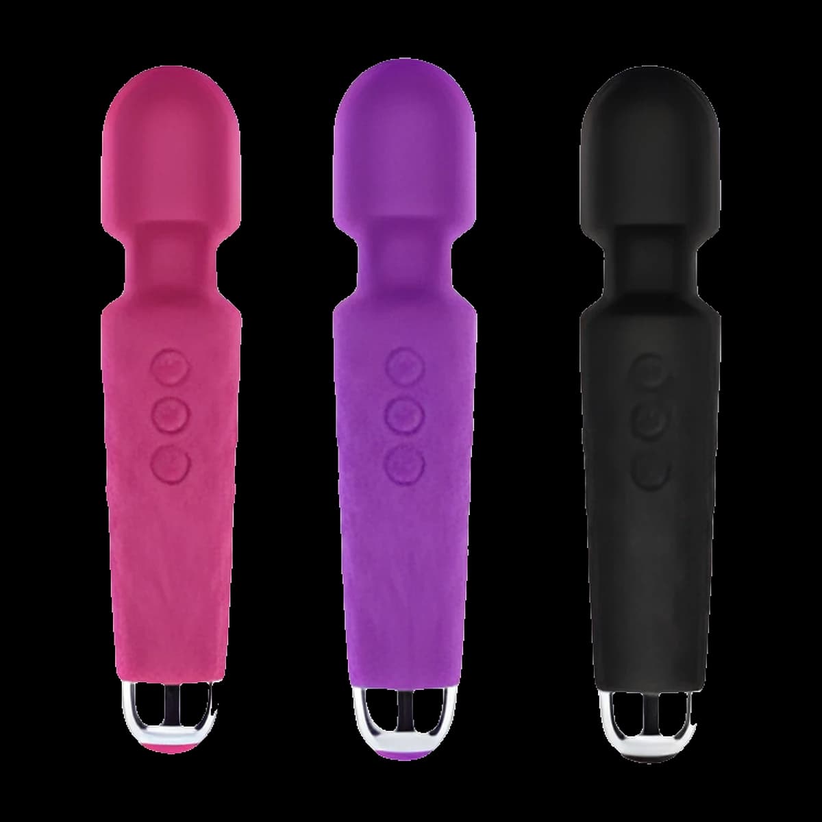Three wands in pink, purple and black, each with a rounded head, a diamond textured handle, three front buttons and a chrome base.