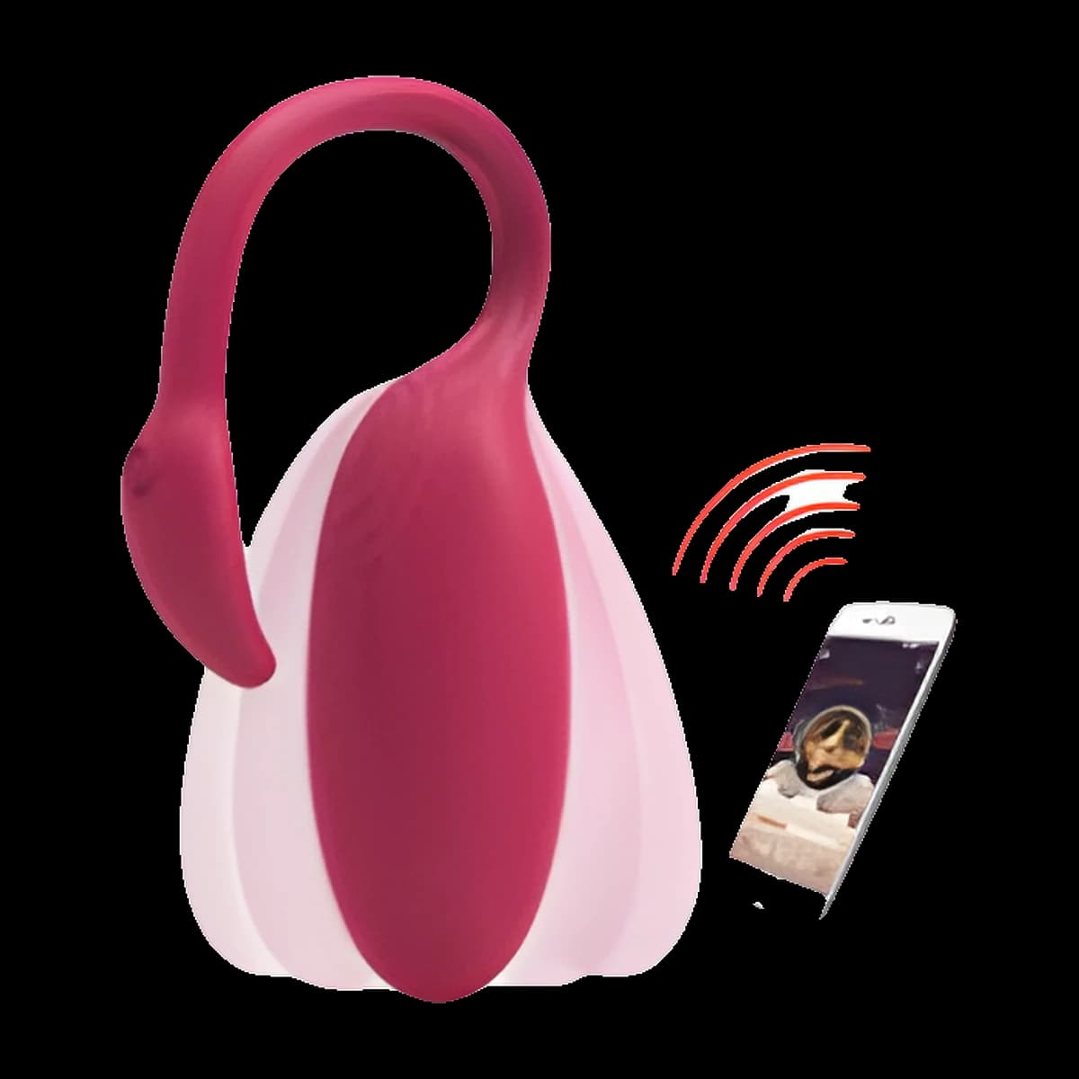 Deep pink egg with a long curved neck ending in a small beak like head, shown with motion lines beside a phone giving off signal waves.