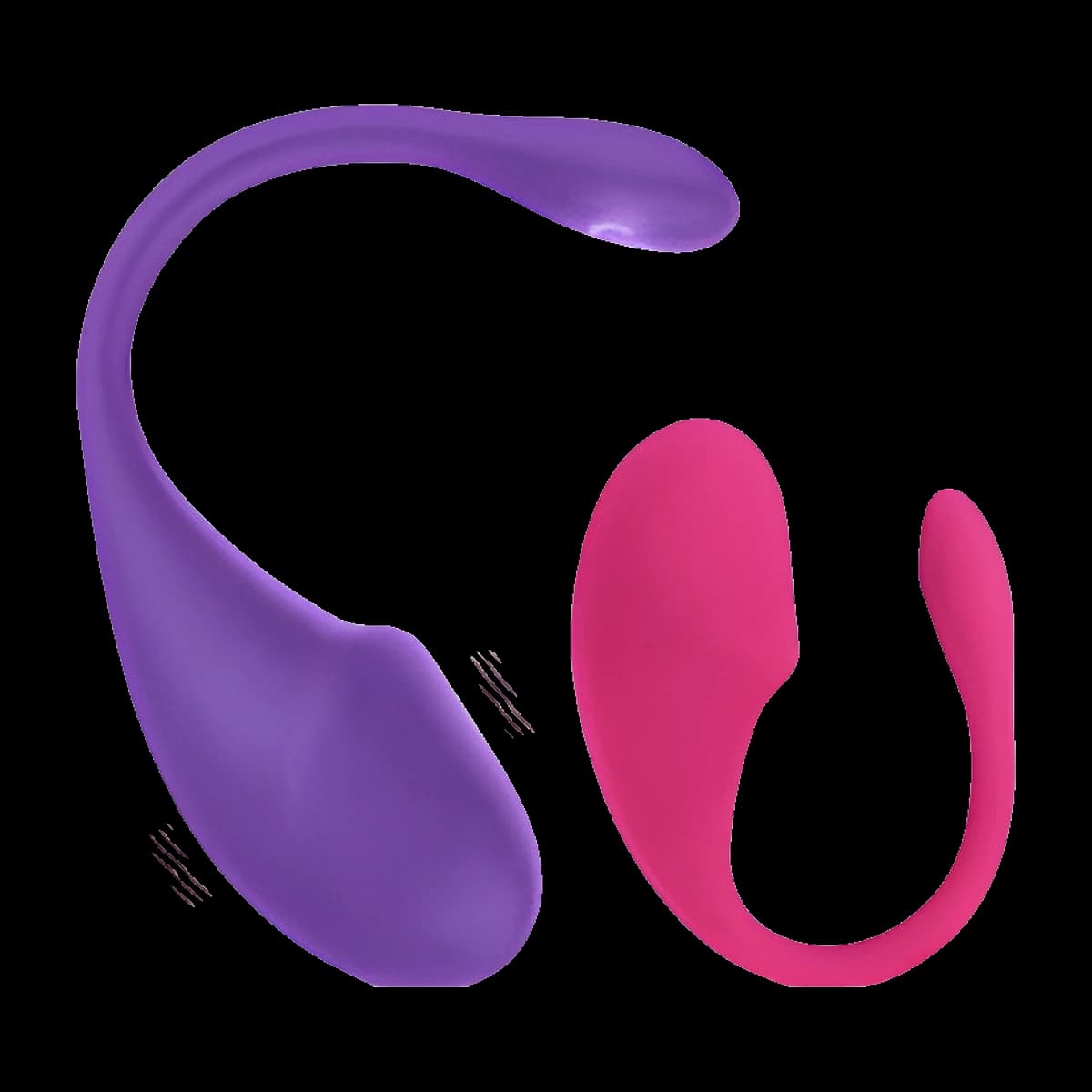 Two egg vibrators with long curved tails, a larger one in purple and a smaller one in rose pink, with small marks showing vibration.